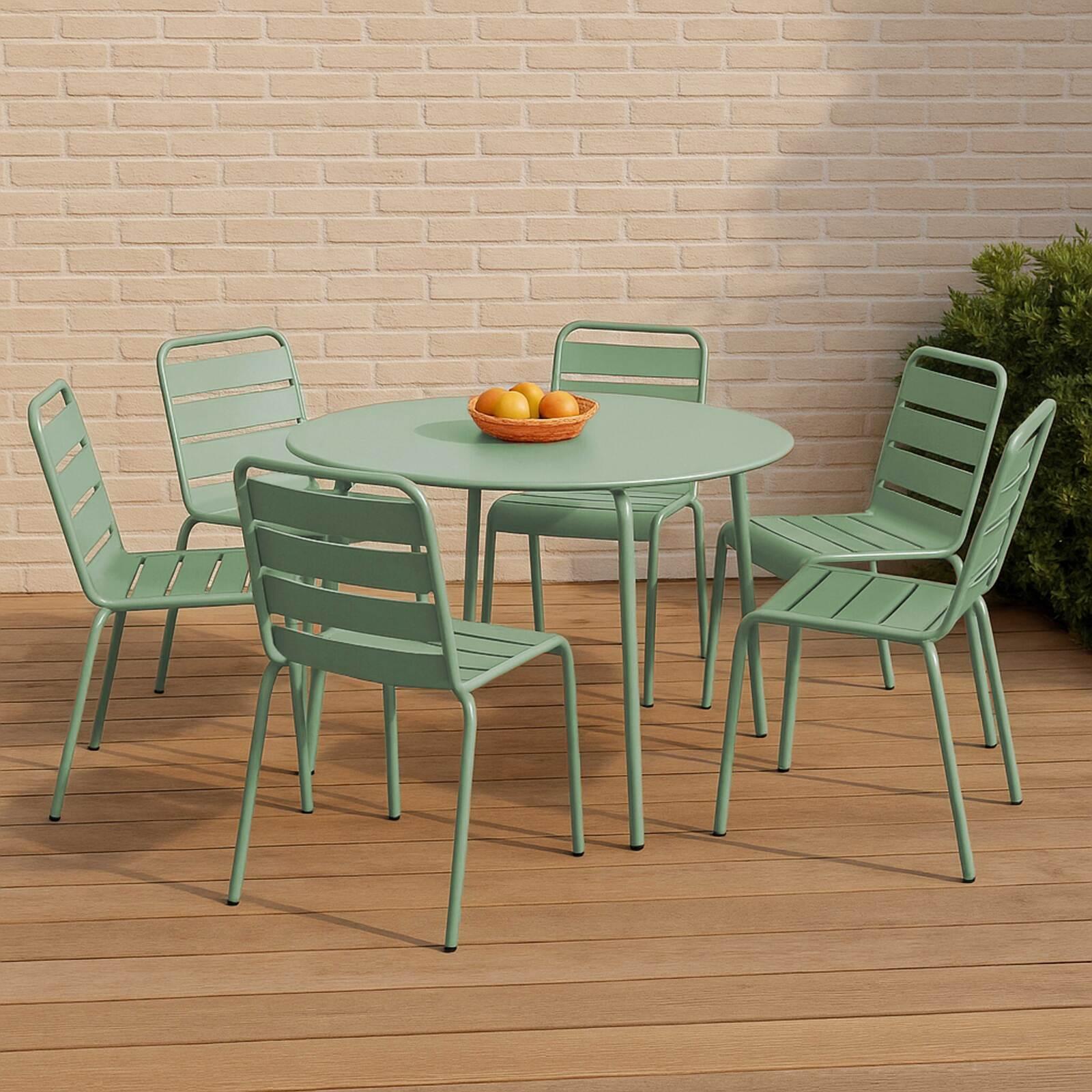 Gartentisch rund, aus Metall, Ø120 cm, und 6 Stühle