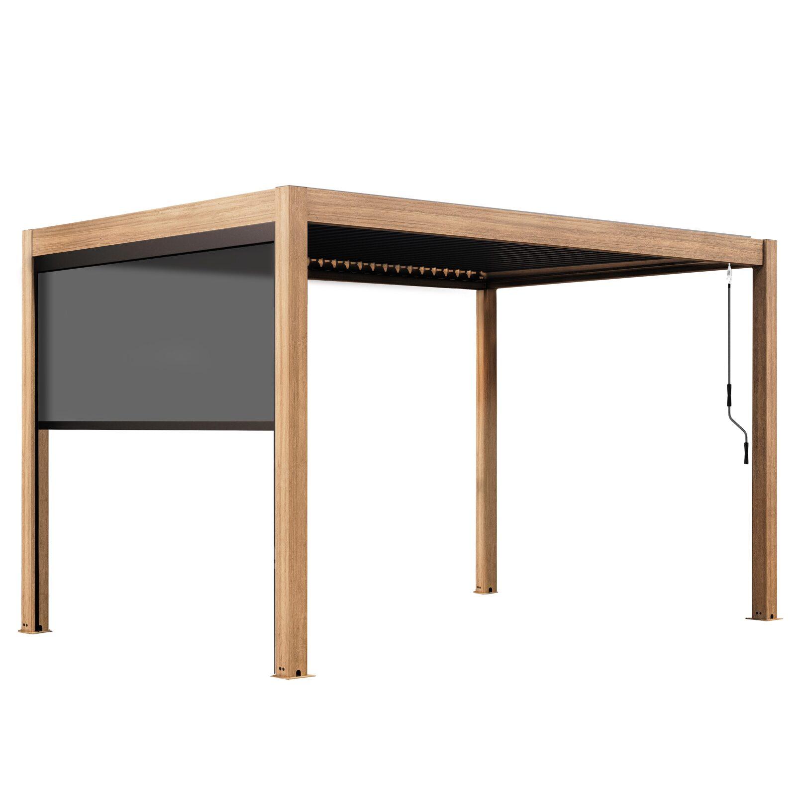 Manuell Freistehend Pergola 4x3 m aus Aluminium in Holzoptik und grauen Lamellen mit Markise