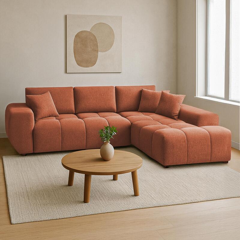 Ecksofa 3-Sitzer aus Polyester mit Chaiselongue rechts und Kissen