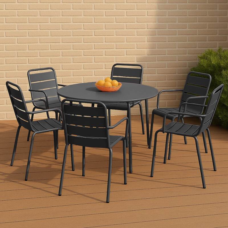 Gartentisch im Bistro-Stil, rund, aus Metall, Ø120 cm, und 6 Stühle mit Armlehnen