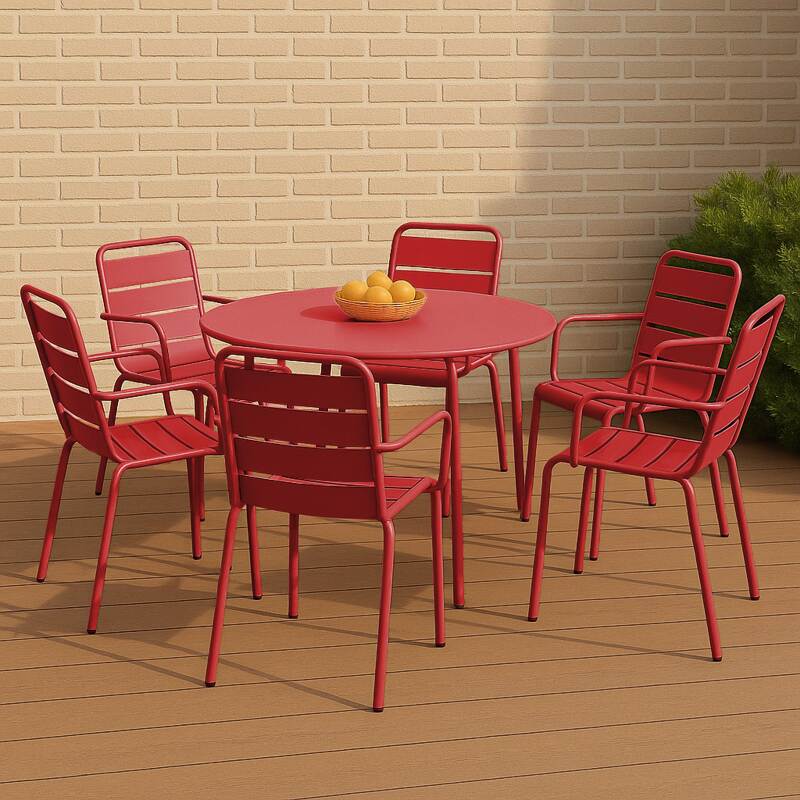 Gartentisch im Bistro-Stil, rund, aus Metall, Ø120 cm, und 6 Stühle mit Armlehnen