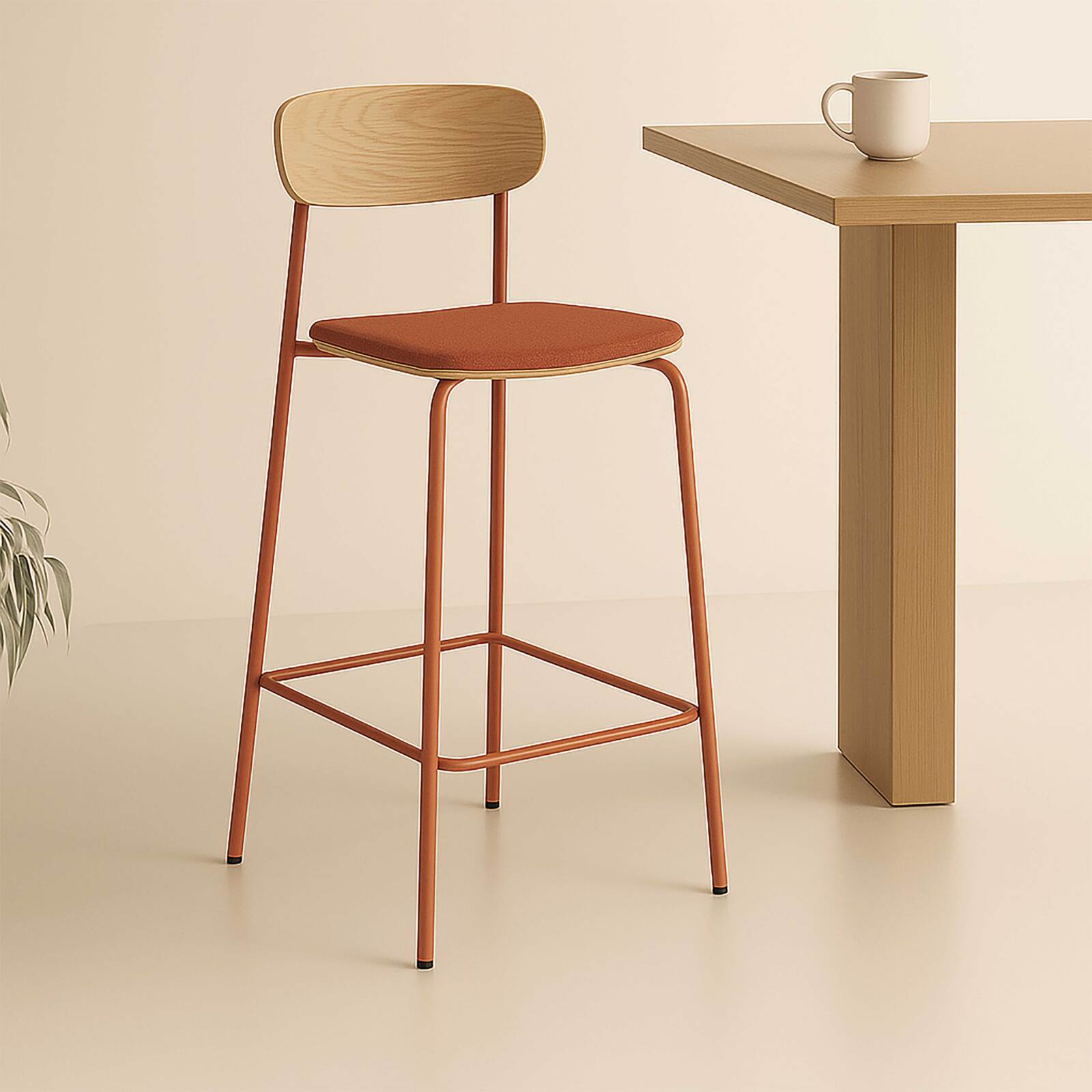 Set mit 2 Hochstühlen aus Metall, Holz und Stoff