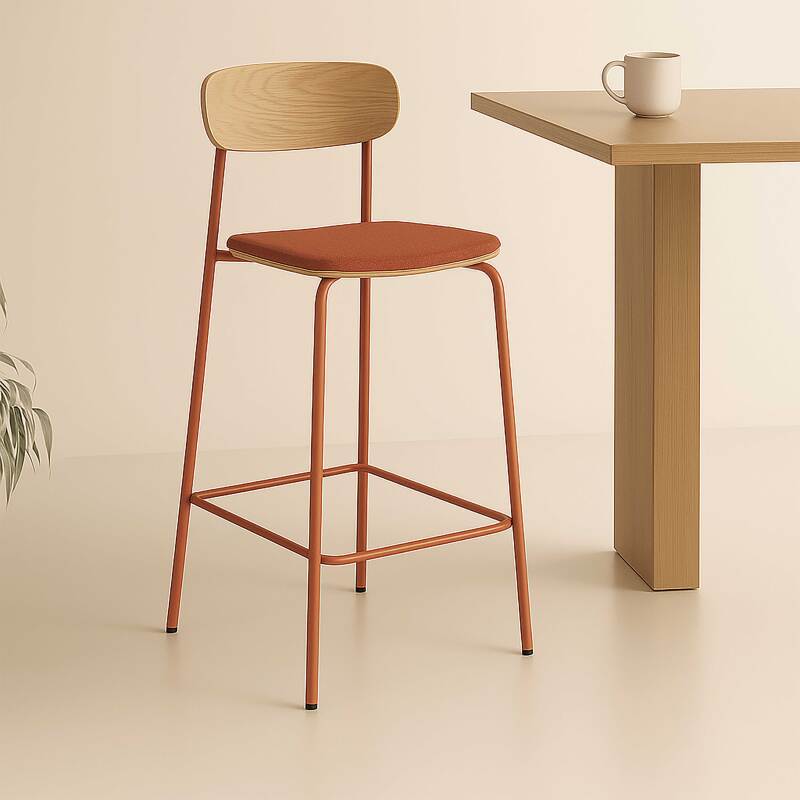 Set mit 2 Hochstühlen aus Metall, Holz und Stoff