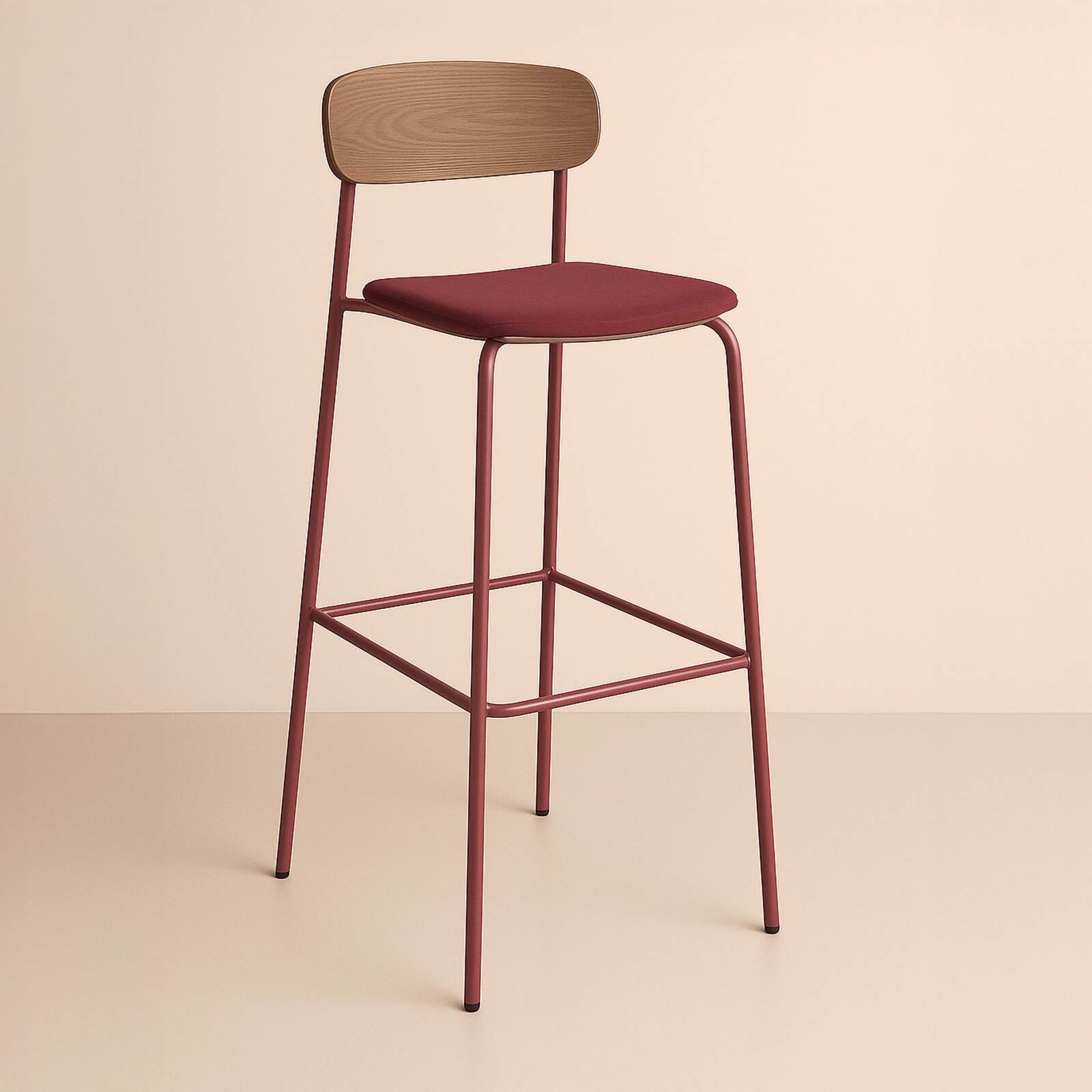 Set mit 2 Hochstühlen aus Metall, Holz und Stoff