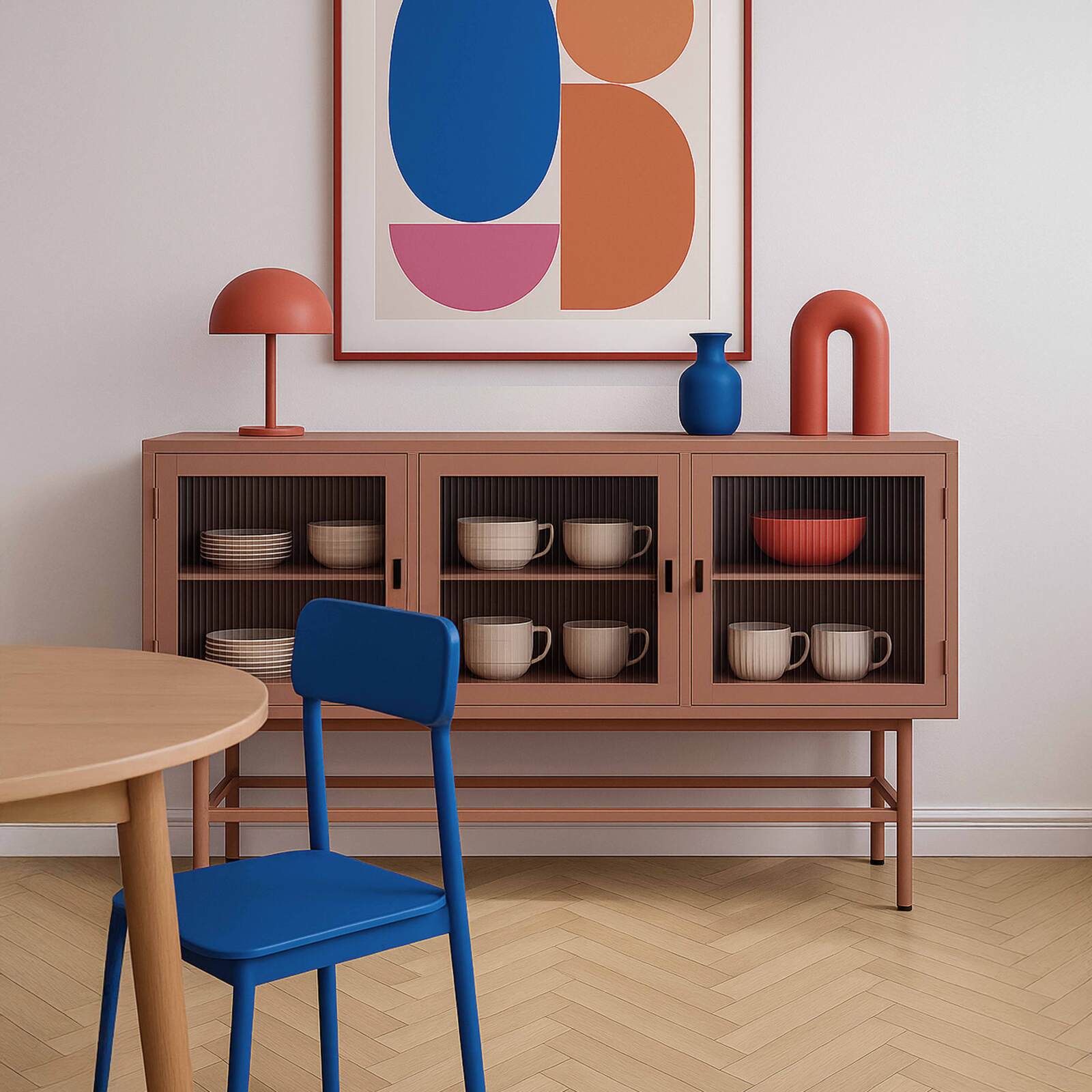 Büfett aus Metall und Glas, 3 Türen, 120 cm