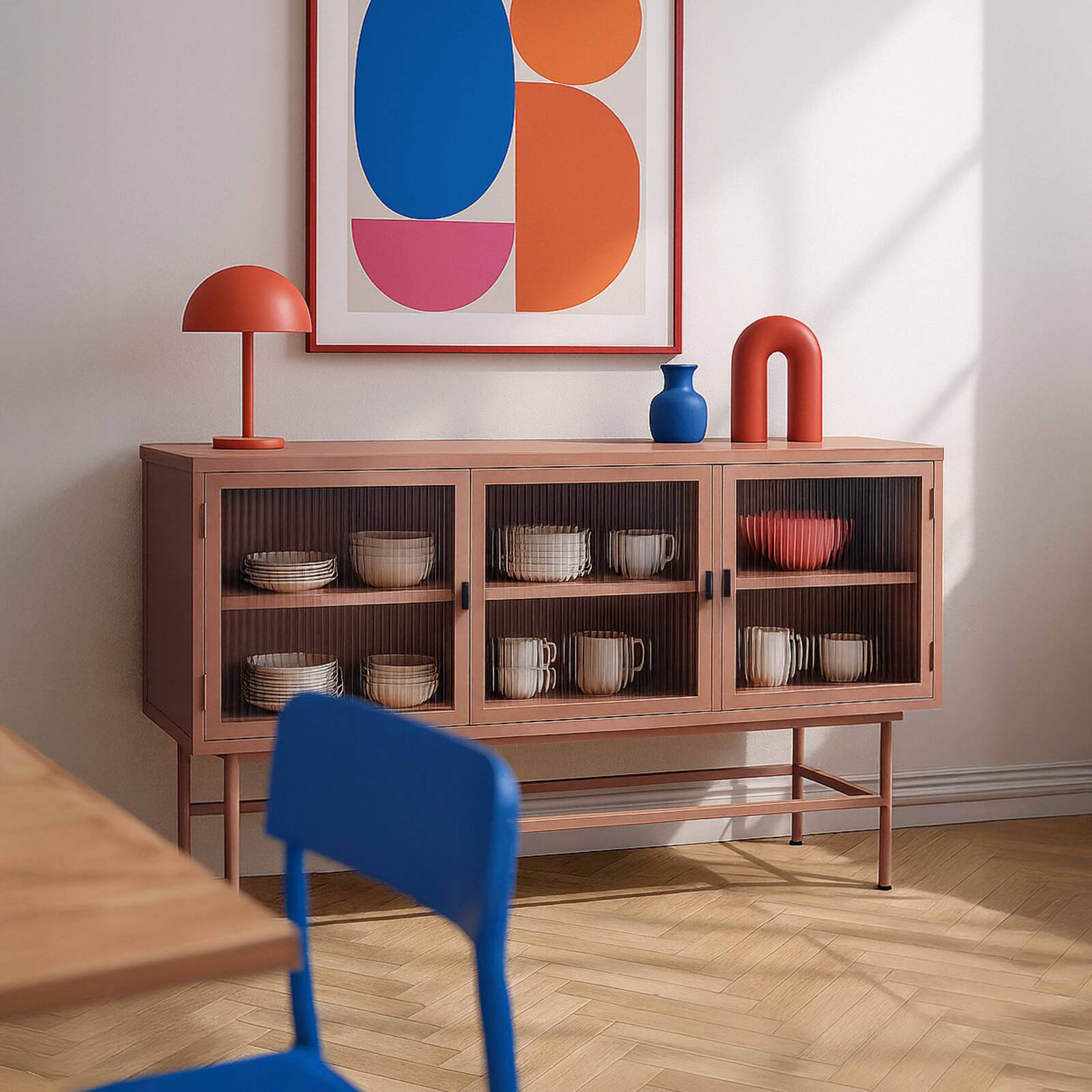 Büfett aus Metall und Glas, 3 Türen, 120 cm