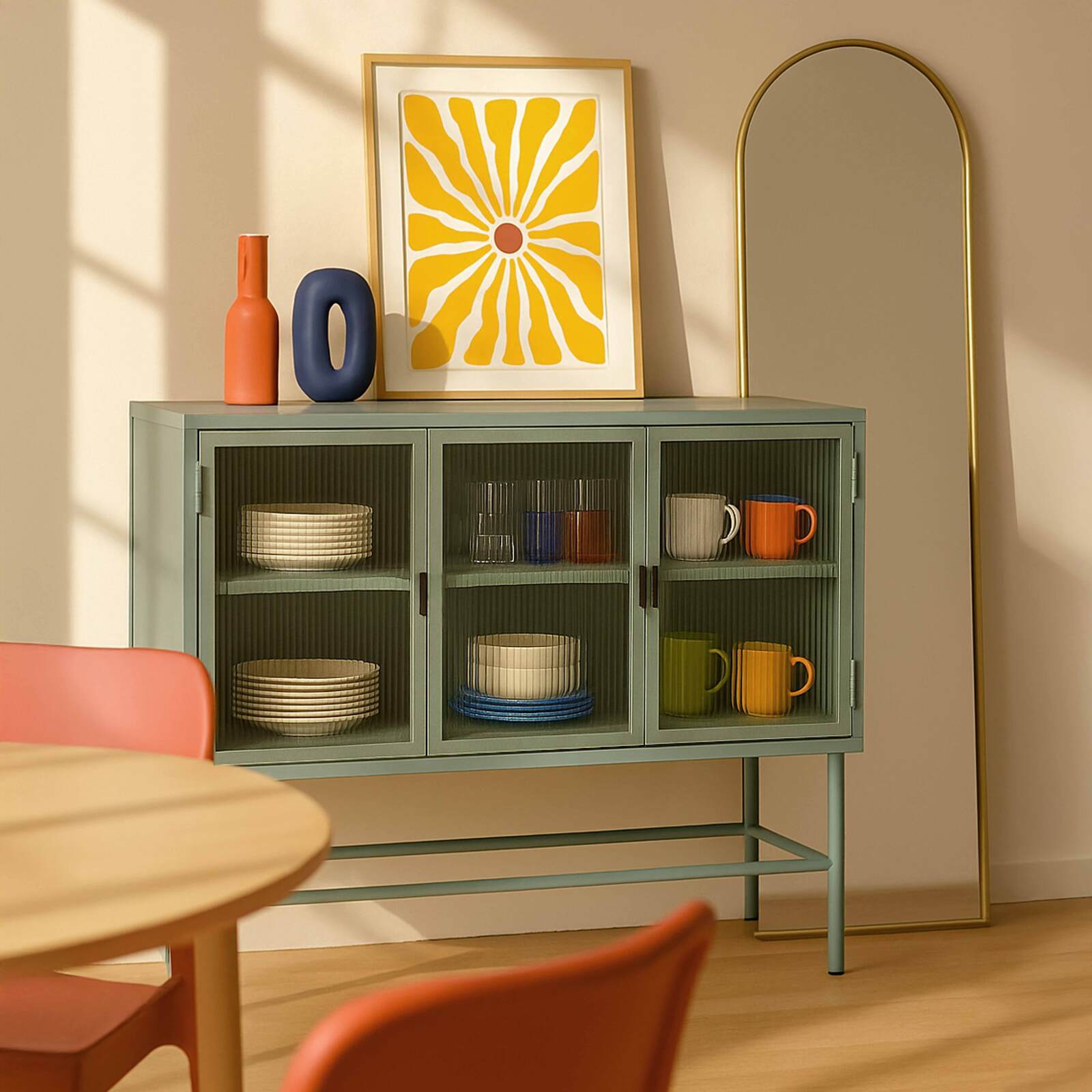 Büfett aus Metall und Glas, 3 Türen, 120 cm