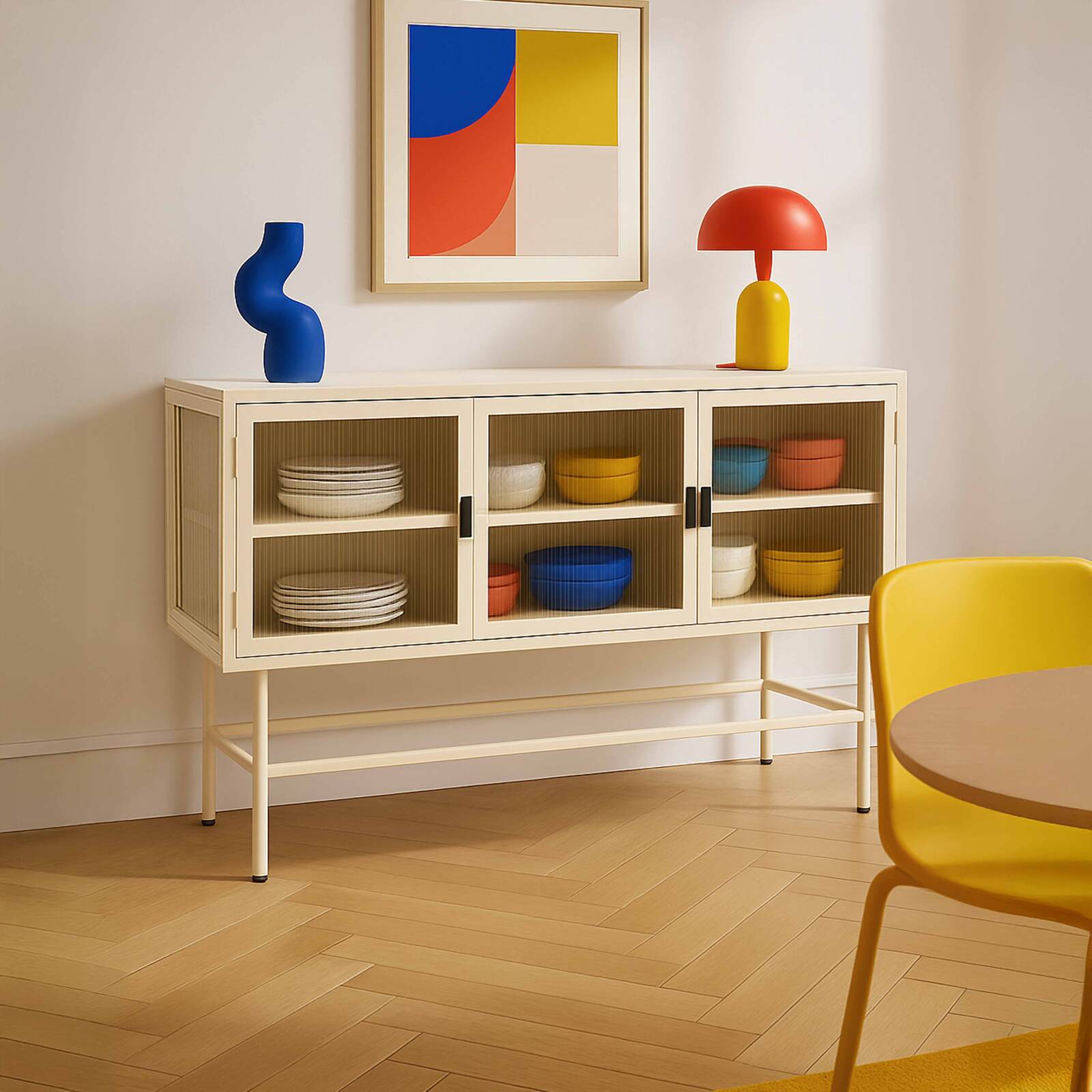 Büfett aus Metall und Glas, 3 Türen, 120 cm