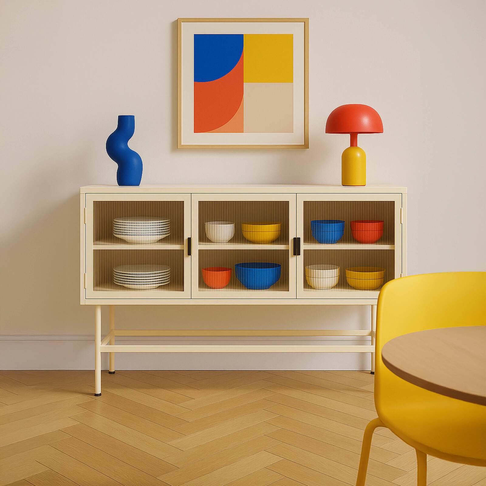 Büfett aus Metall und Glas, 3 Türen, 120 cm