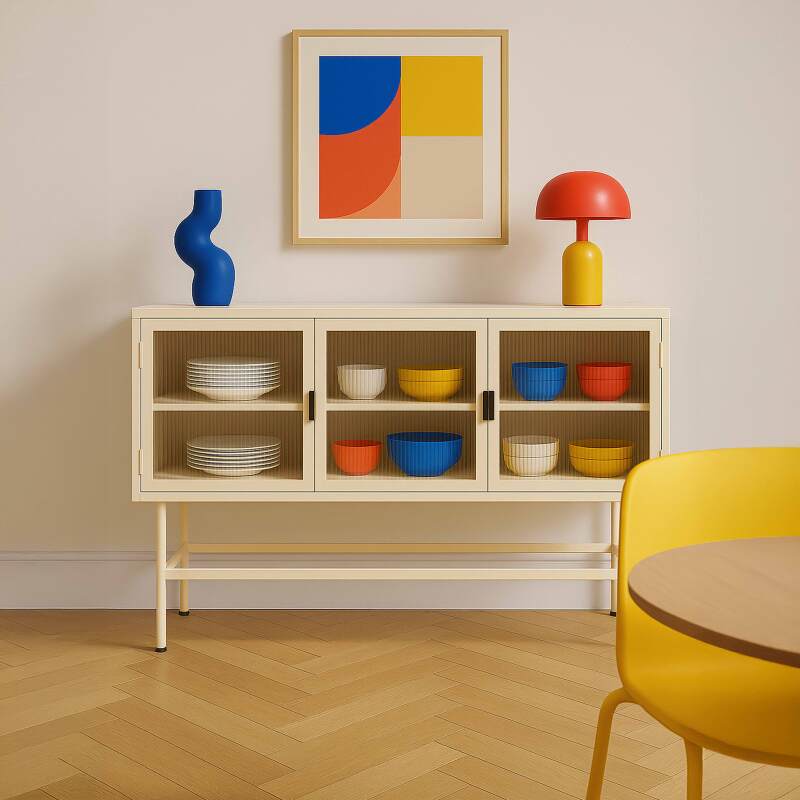 Büfett aus Metall und Glas, 3 Türen, 120 cm