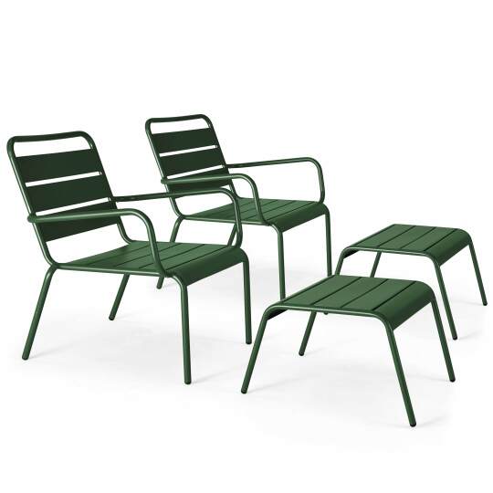 Set aus 2 niedrigen Metall-Sesseln und Fußstützen