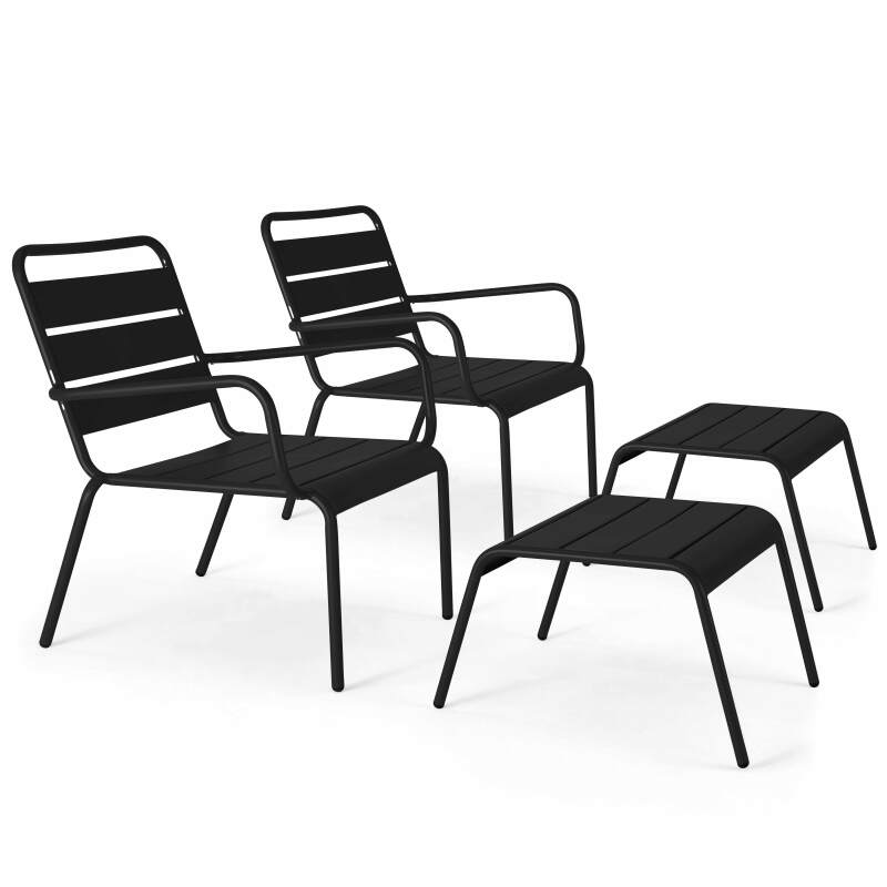 Set aus 2 niedrigen Metall-Sesseln und Fußstützen 