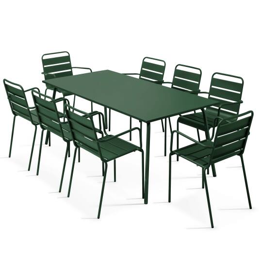 Rechteckiger Gartentisch + 8 Stühle mit Metallarmlehnen | Oviala