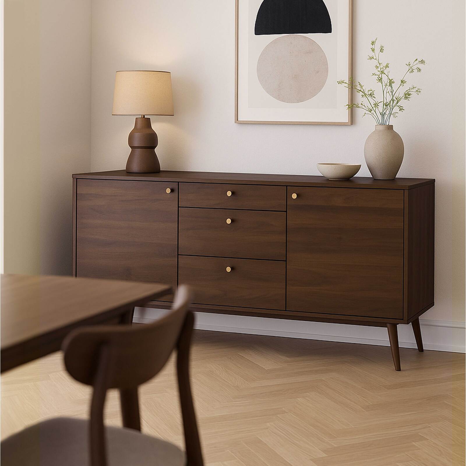 Büfett designerin heller Holzoptik, 2 Türen, 3 Schubladen, 150 cm