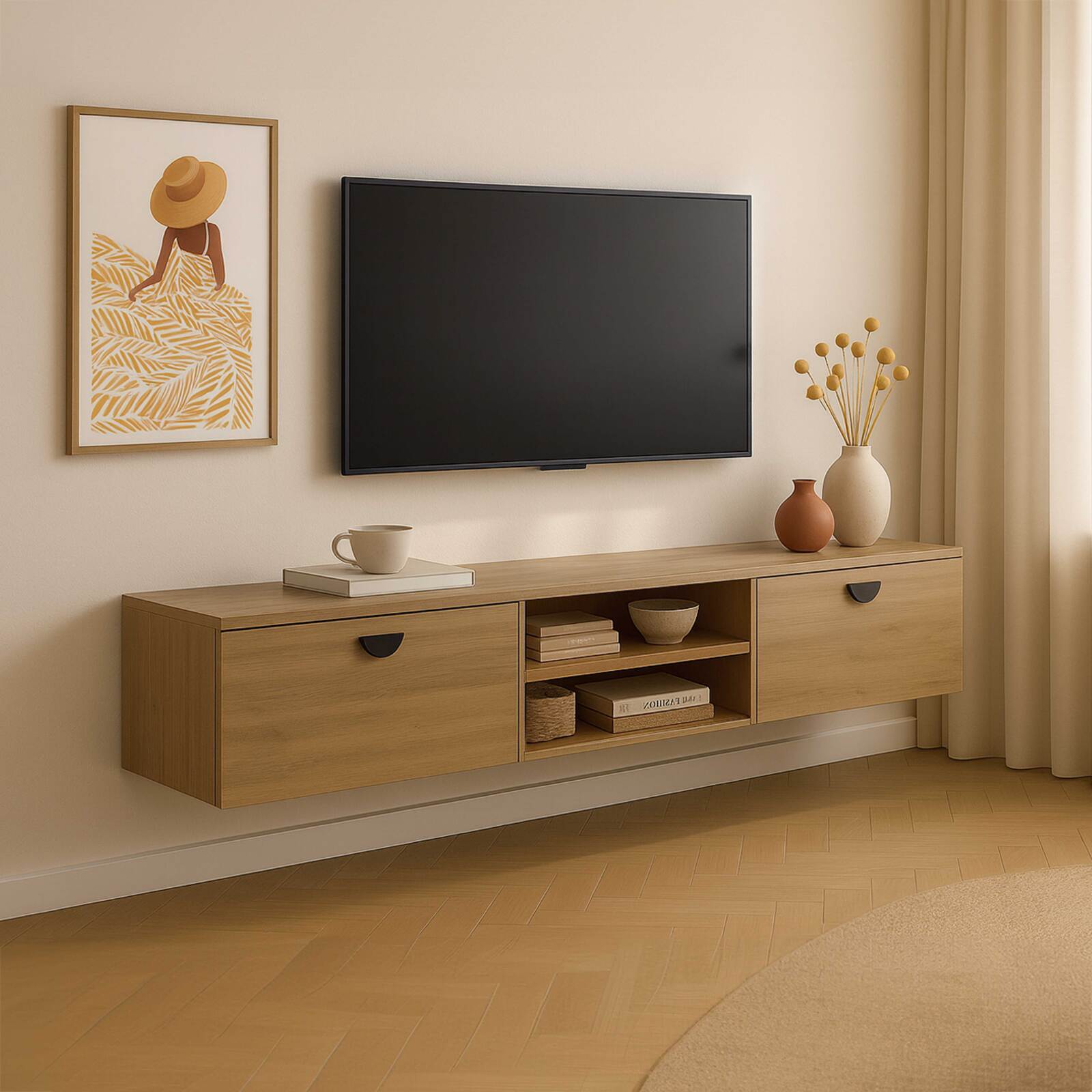 Hängendes TV-Möbel, Holzoptik, 160 cm, industrielles Stil