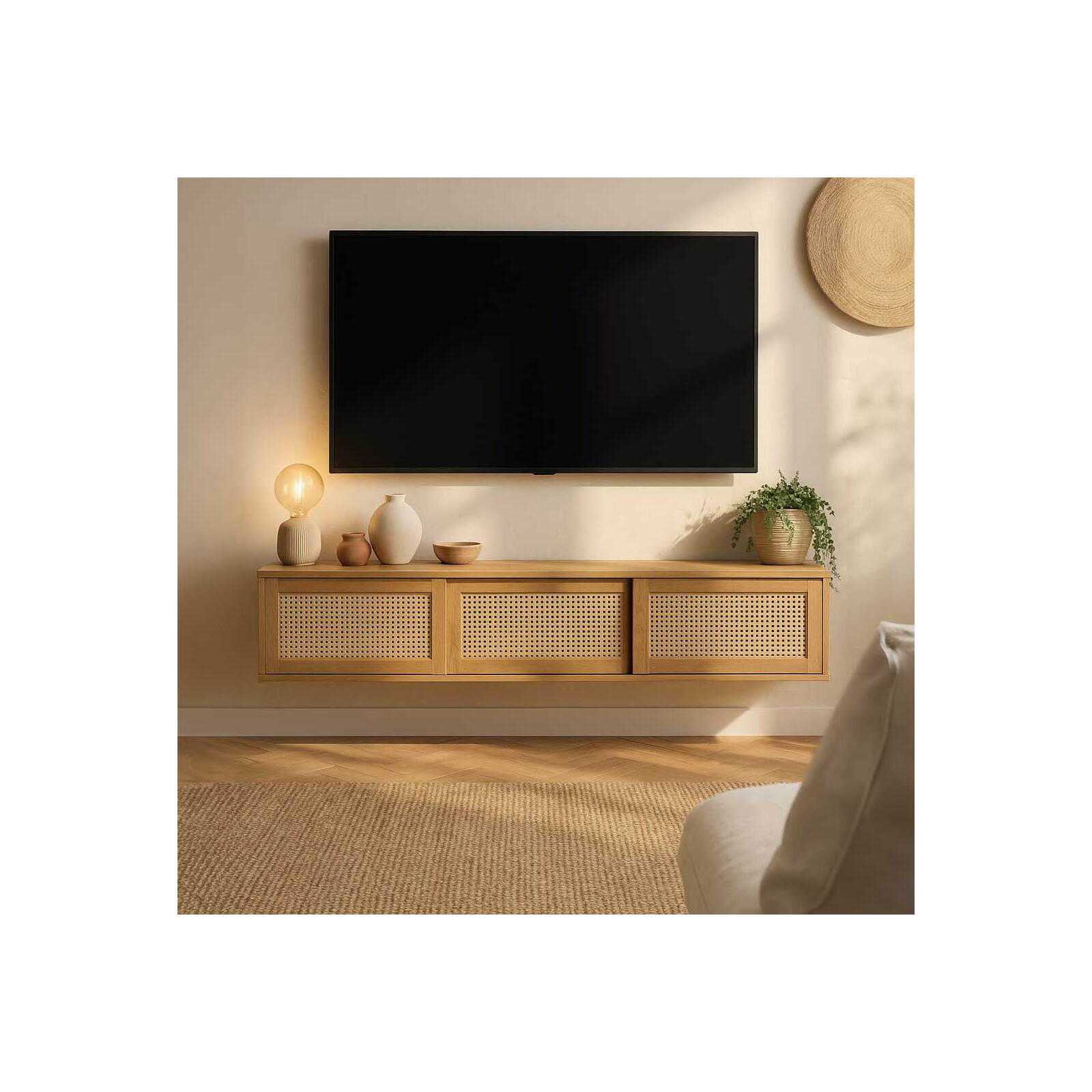 Hängendes TV-Möbel, heller Holzoptik,160 cm, Bohème-Stil