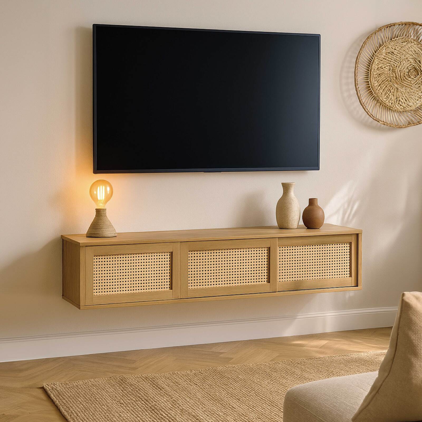 Hängendes TV-Möbel, heller Holzoptik,160 cm, Bohème-Stil