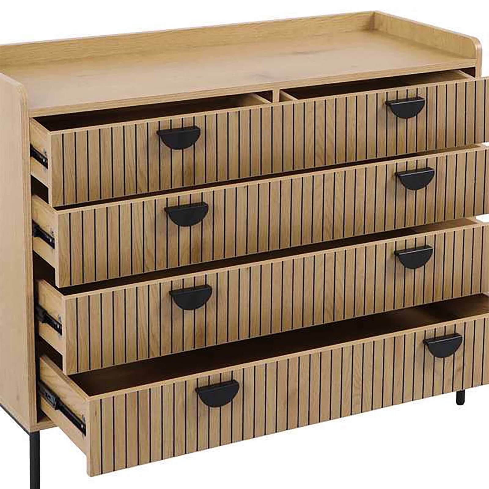 Kommode mit 5 Schubladen, Lamellen-Holzoptik und schwarzem Metall, 100 cm