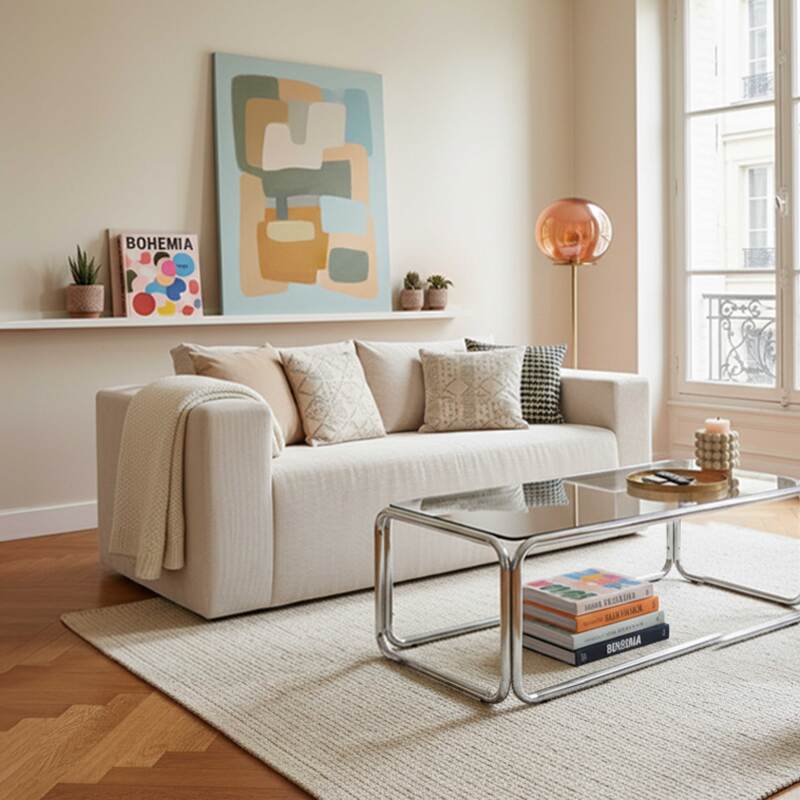 Sofa 2-Sitzer aus geripptem Stoff mit Kissen