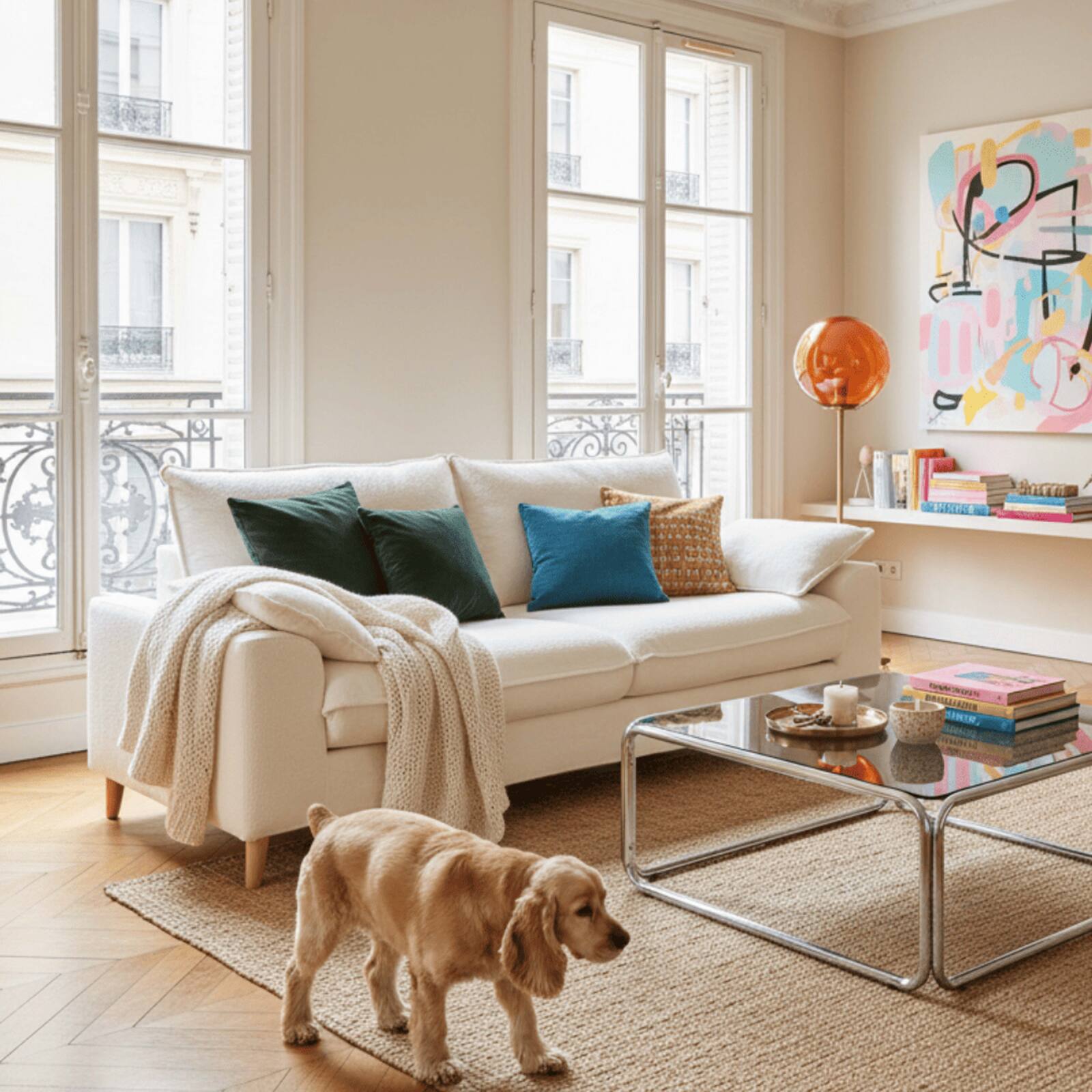 Sofa 3-Sitzer aus cremefarbenem Blouclette-Stoff mit abnehmbarem Bezug und Kissen