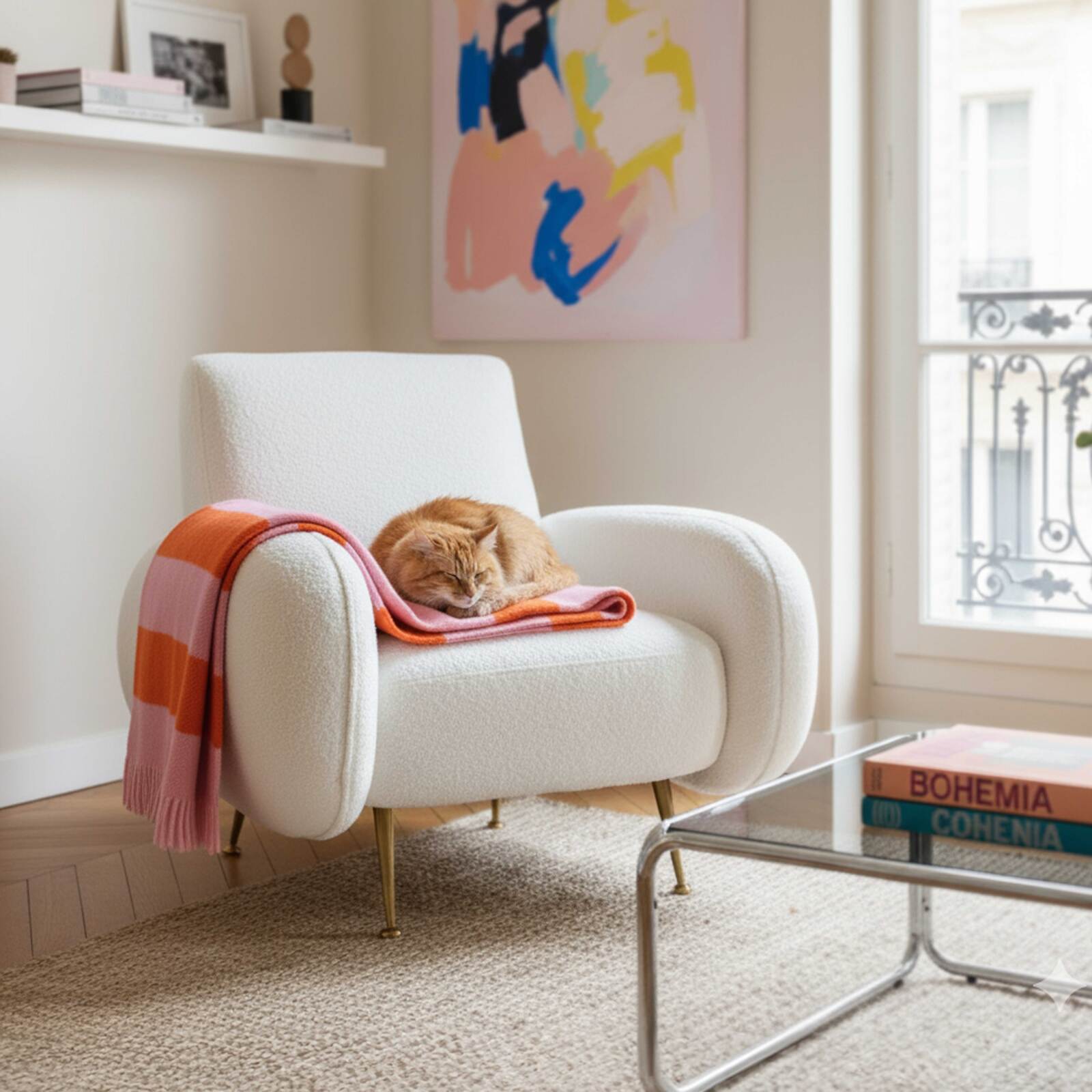 Vintage-Sessel aus Bouclé-Stoff und FSC®-Holz