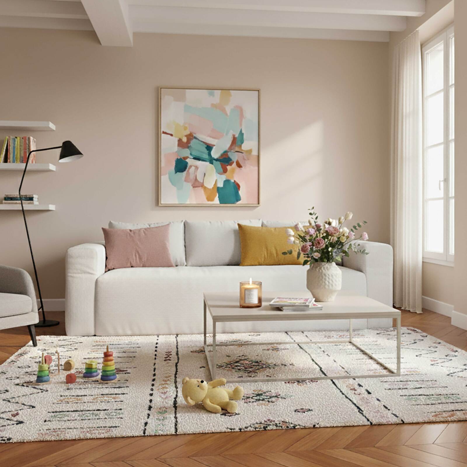 Sofa 3-Sitzer aus geripptem Stoff mit Kissen