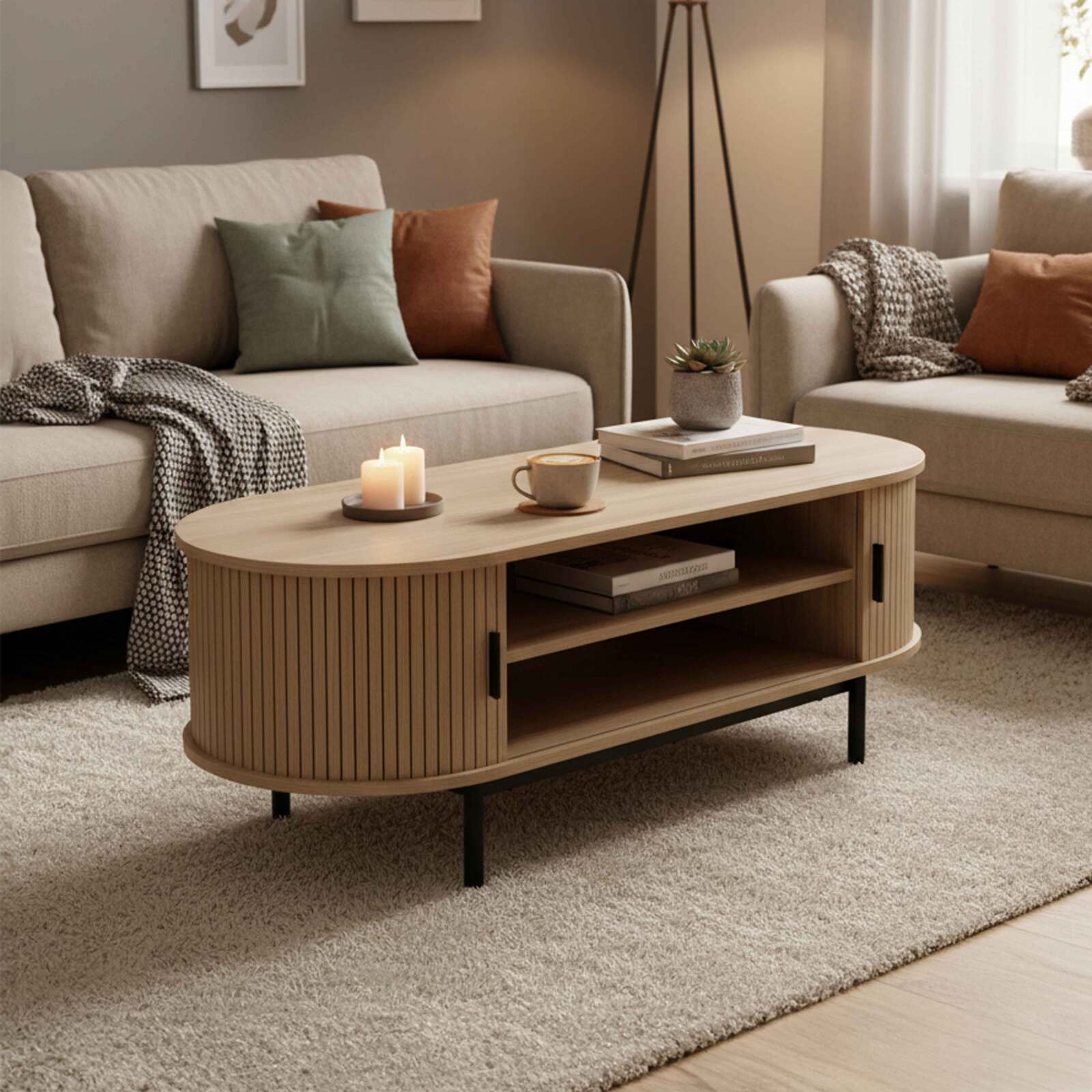 Couchtisch oval, aus Metall und Holzoptik, 120x55 cm, skandinavischer Stil