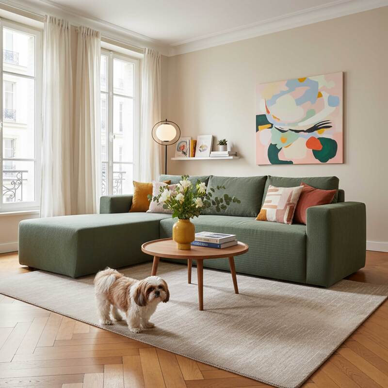 Ecksofa 4-Sitzer aus geripptem stoff mit Chaiselongue links und Kissen