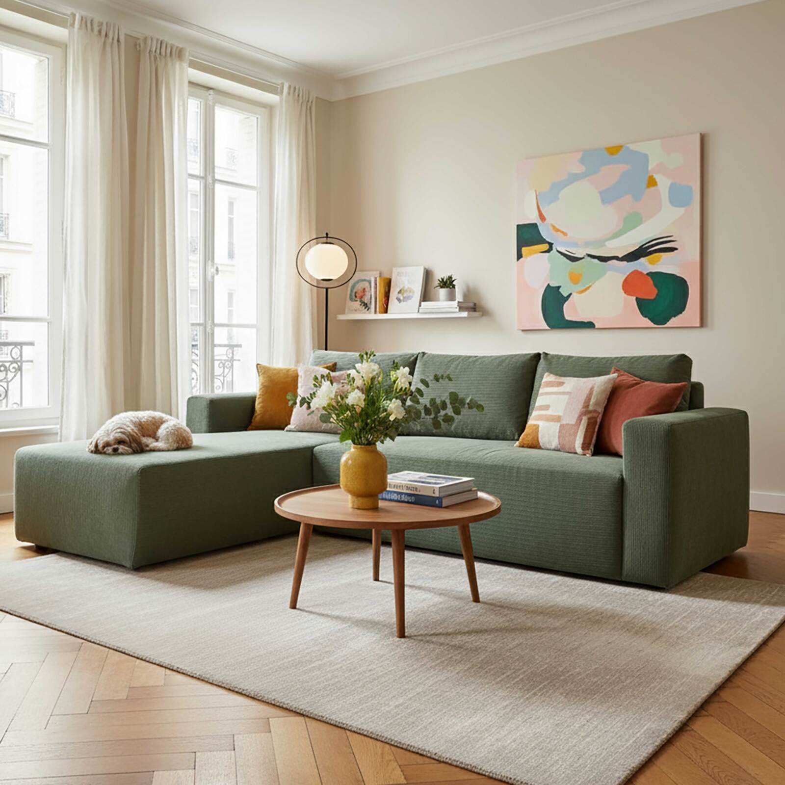 Ecksofa 4-Sitzer aus geripptem stoff mit Chaiselongue links und Kissen