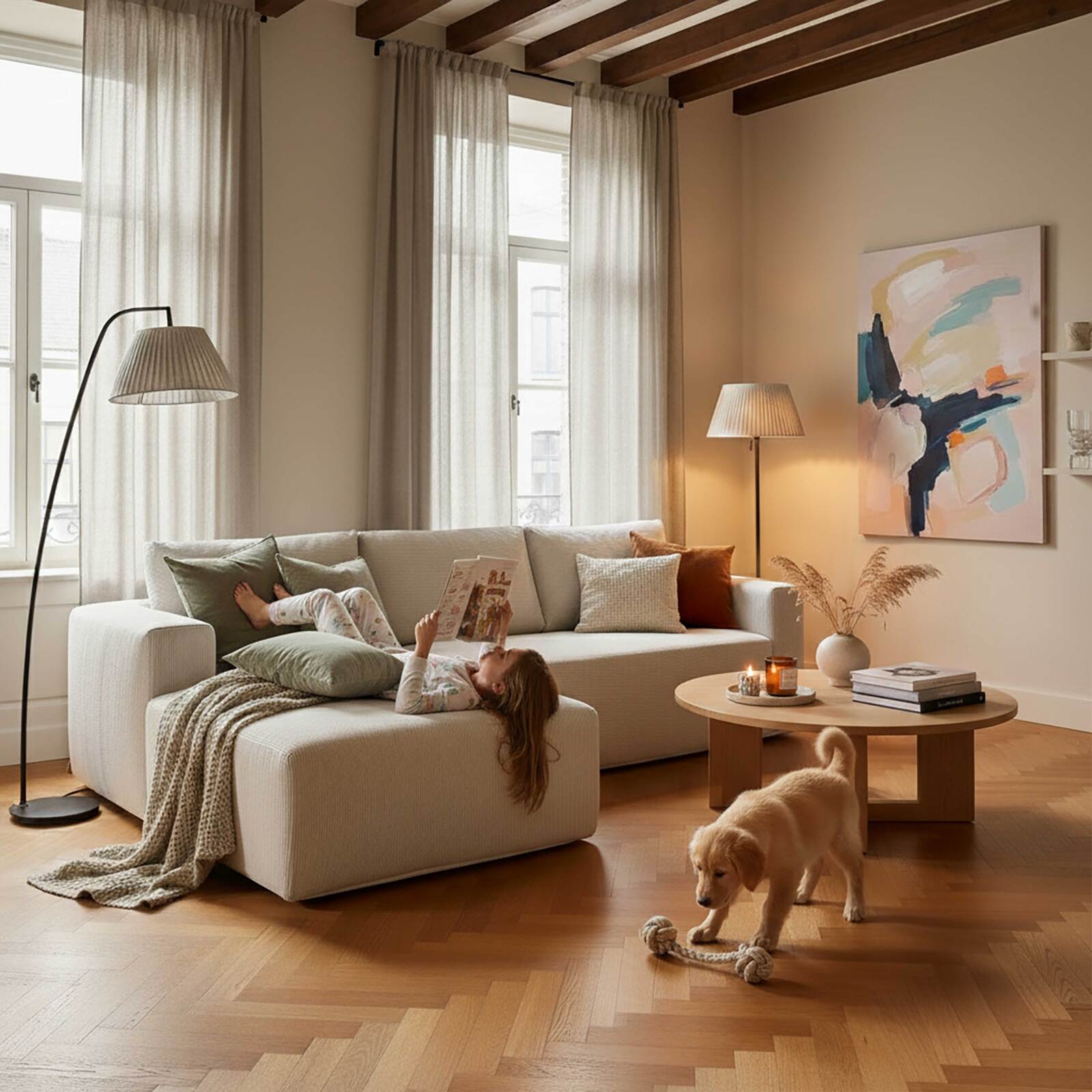 Ecksofa 4-Sitzer aus geripptem stoff mit Chaiselongue links und Kissen