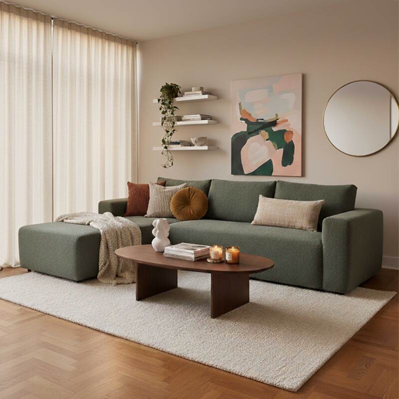 Ecksofa 4-Sitzer aus Frottee stoff mit Chaiselongue links und Kissen