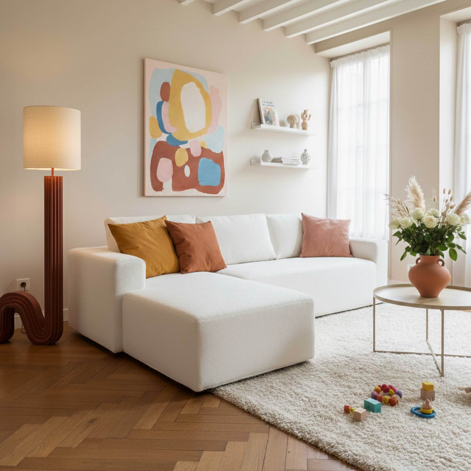 Ecksofa 4-Sitzer aus Frottee stoff mit Chaiselongue links und Kissen