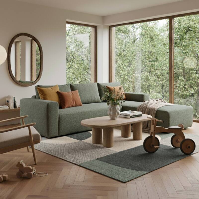 Ecksofa 4-Sitzer aus Frottee stoff mit Chaiselongue rechts und Kissen