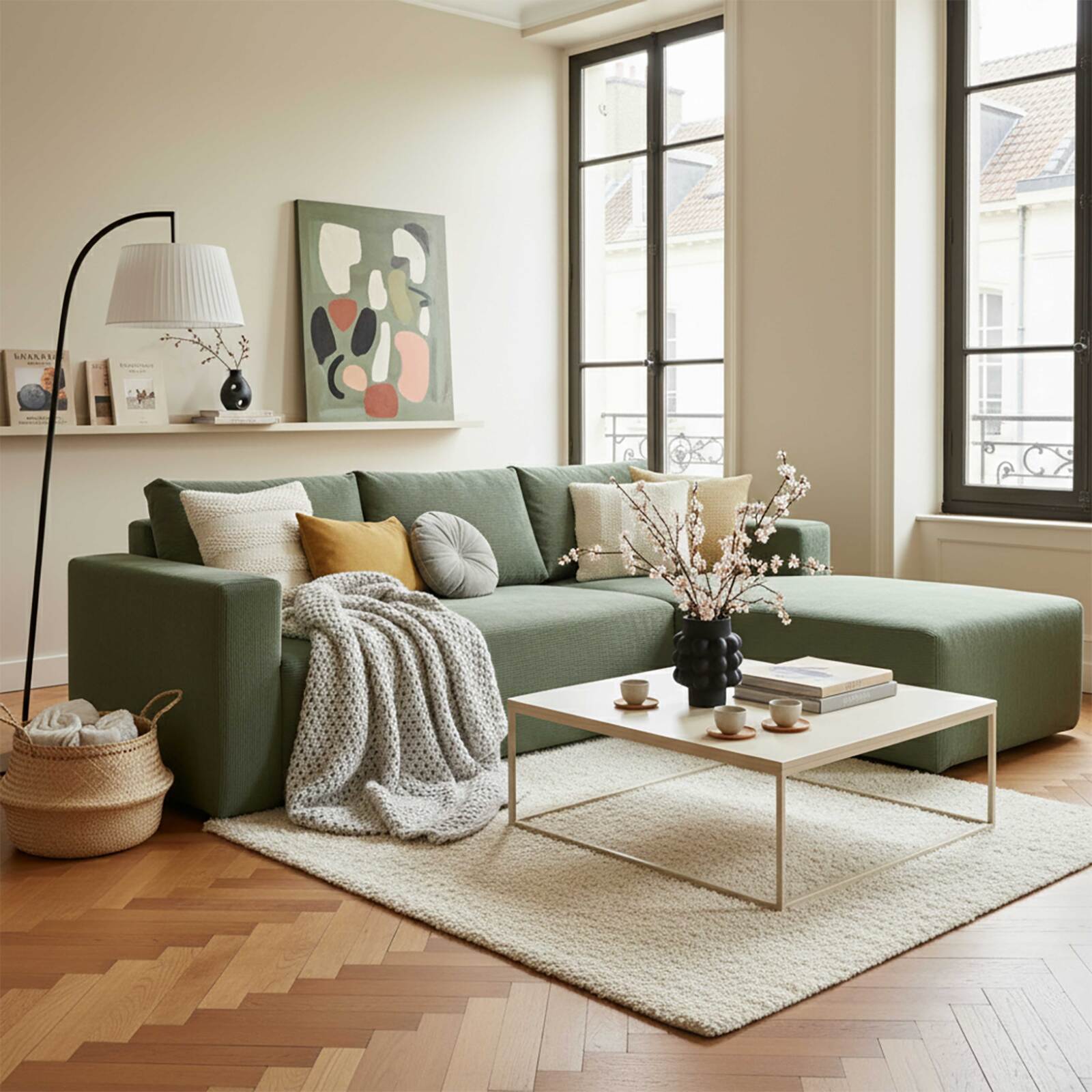 Ecksofa 4-Sitzer aus geripptem stoff mit Chaiselongue rechts und Kissen