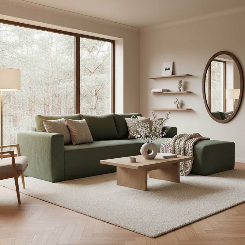 Ecksofa 4-Sitzer aus geripptem stoff mit Chaiselongue rechts und Kissen