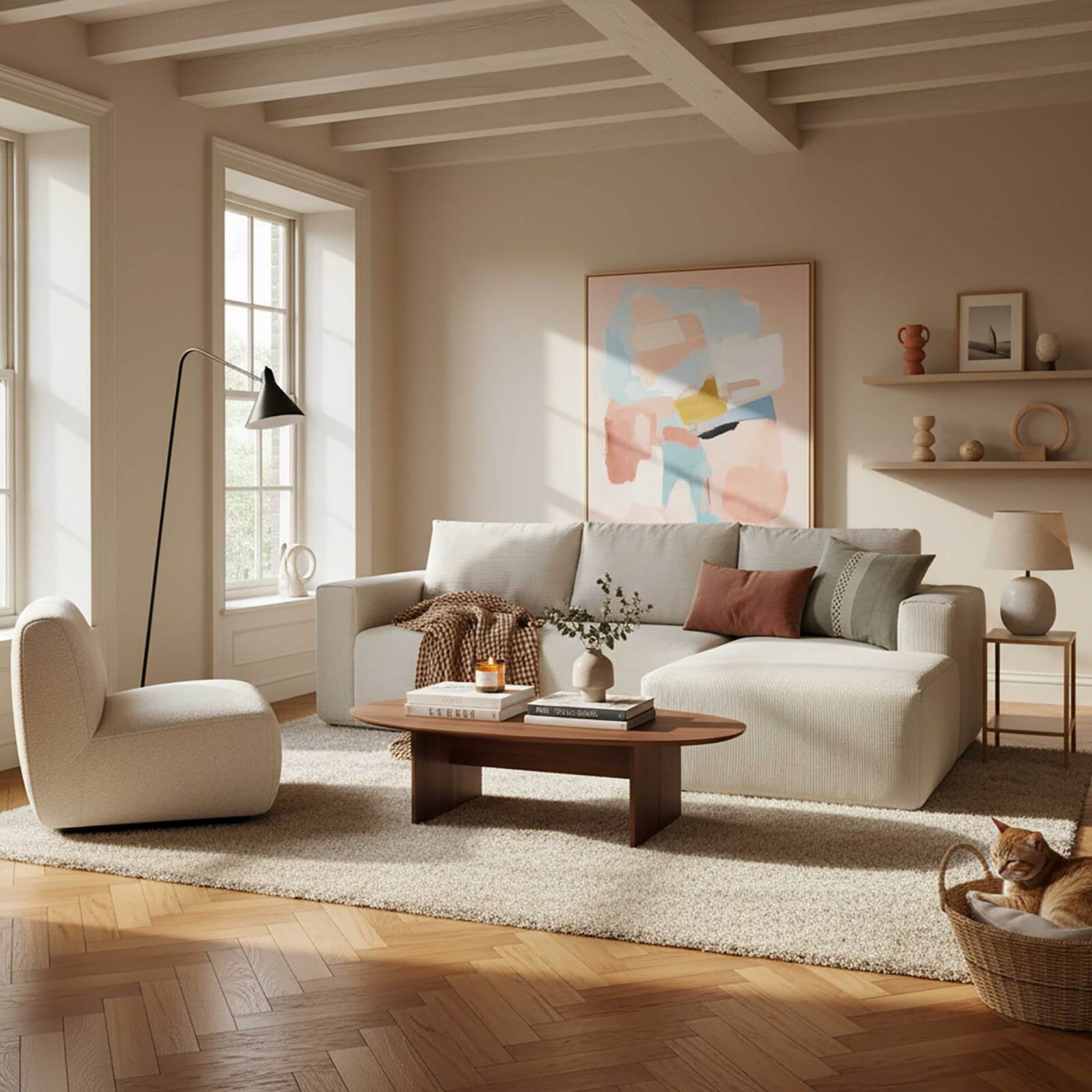 Ecksofa 4-Sitzer aus geripptem stoff mit Chaiselongue rechts und Kissen