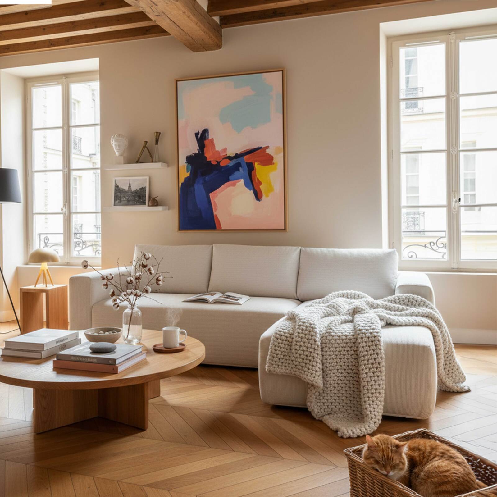 Ecksofa 4-Sitzer aus geripptem stoff mit Chaiselongue rechts und Kissen