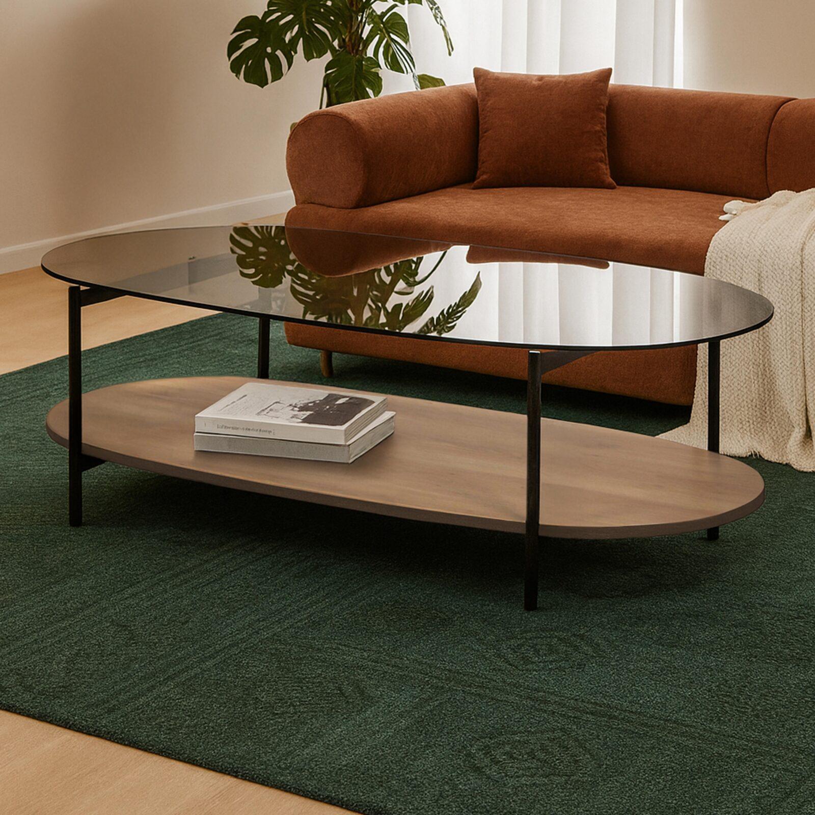 Couchtisch Ovaler aus Glas und Holzoptik 120 x 55 x 40 cm