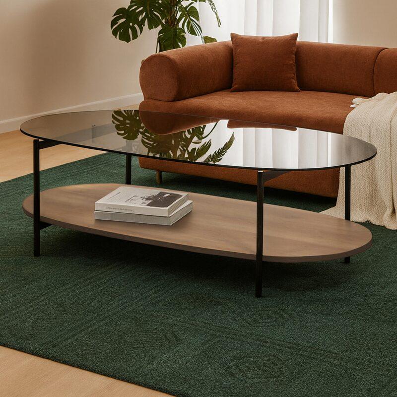 Couchtisch Ovaler aus Glas und Holzoptik 120 x 55 x 40 cm