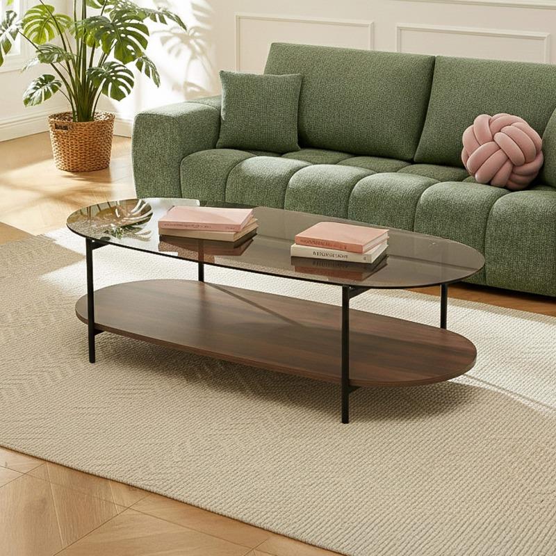 Couchtisch Ovaler ,aus Glas und dunkler Holzoptik, 120 x 55 x 40 cm