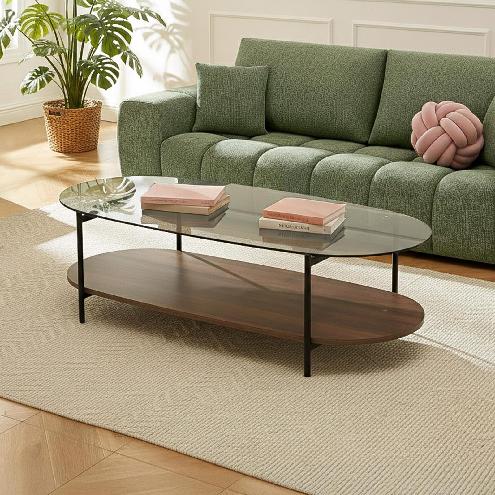 Couchtisch Ovaler ,aus Glas und dunkler Holzoptik, 120 x 55 x 40 cm