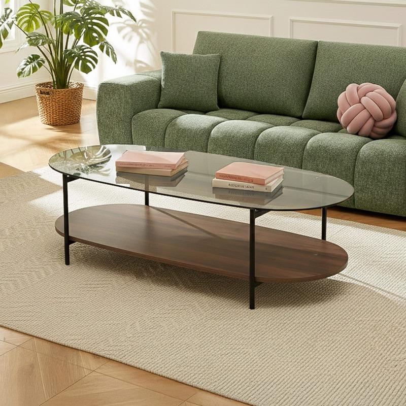 Couchtisch Ovaler ,aus Glas und dunkler Holzoptik, 120 x 55 x 40 cm