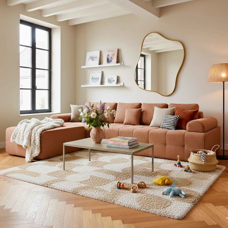 Modulares Sofa 4-Sitzer-aus Stoff mit Hocker und Kissen