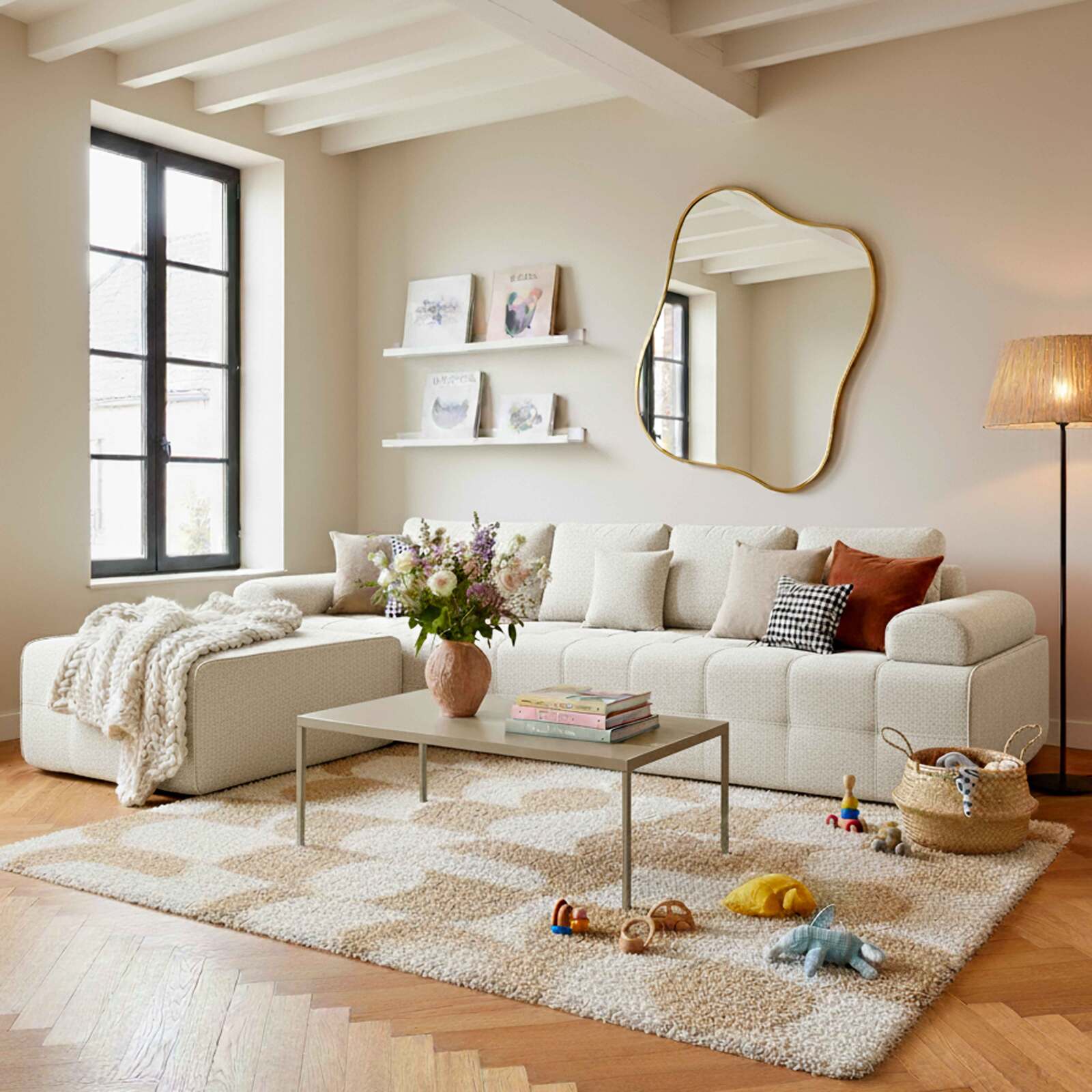 Modulares Sofa 4-Sitzer-aus Stoff mit Hocker und Kissen