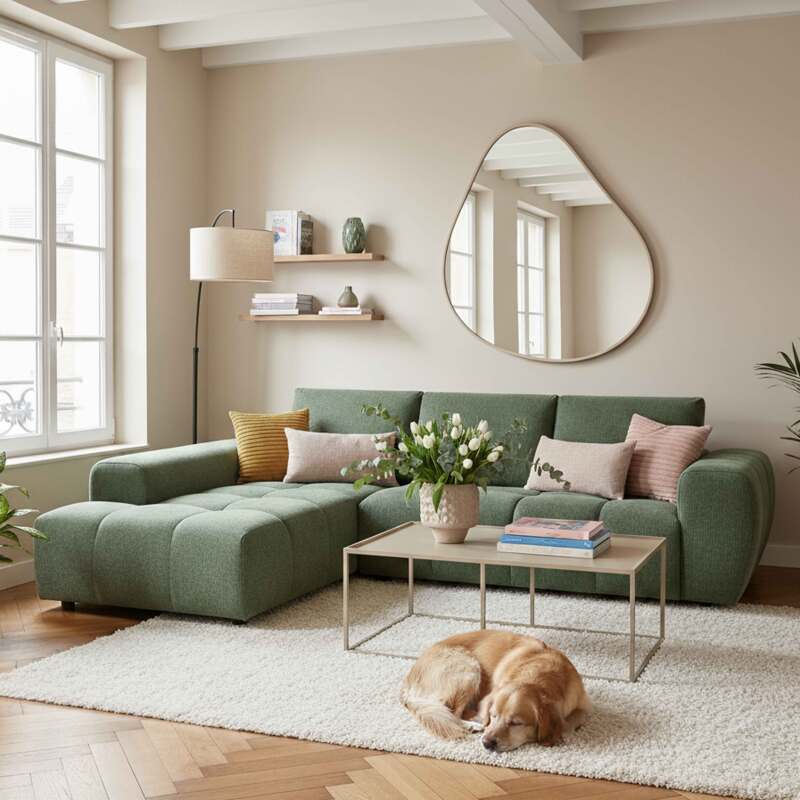 Ecksofa 3-Sitzer aus Stoff mit Chaiselongue links und Kissen