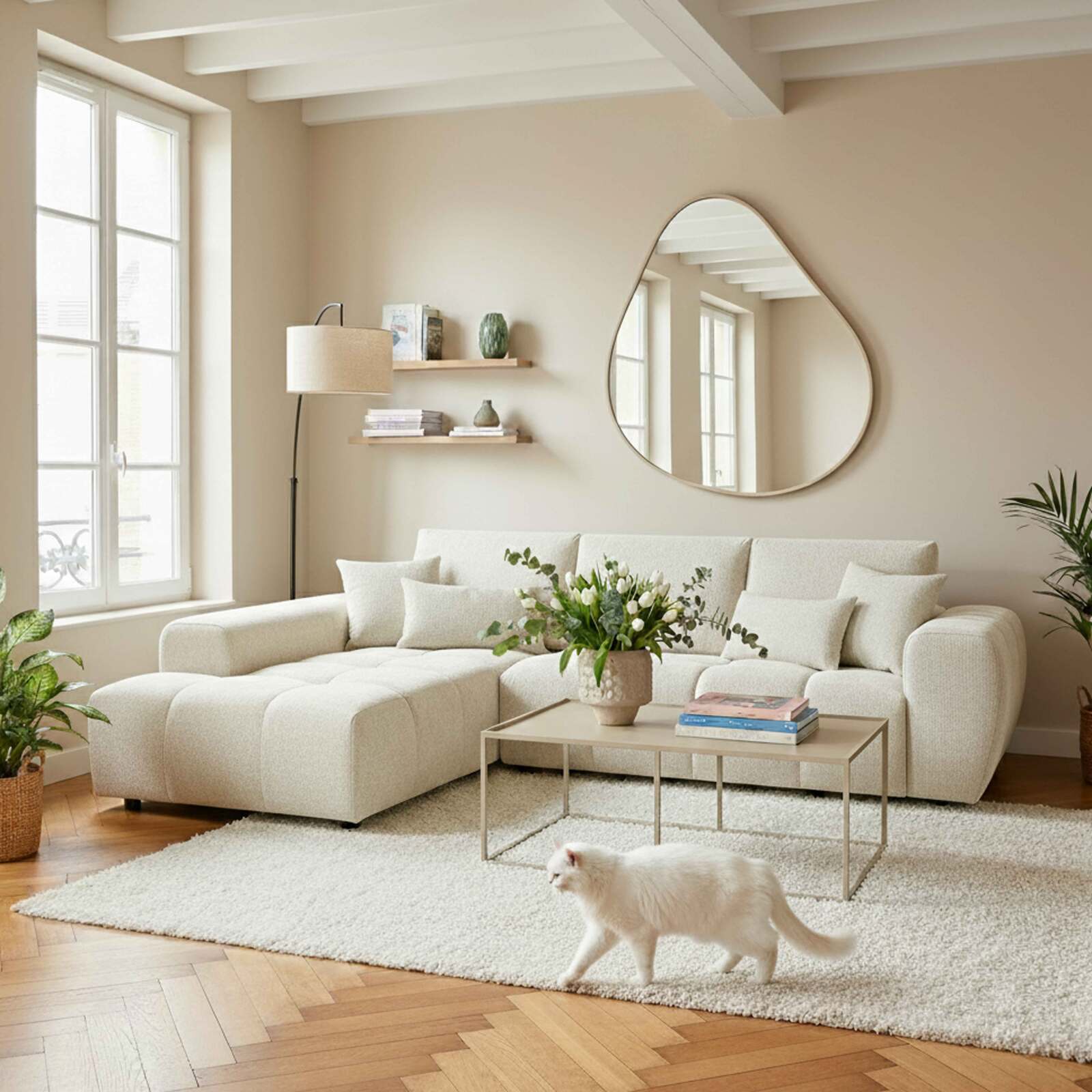 Ecksofa 3-Sitzer aus Stoff mit Chaiselongue links und Kissen