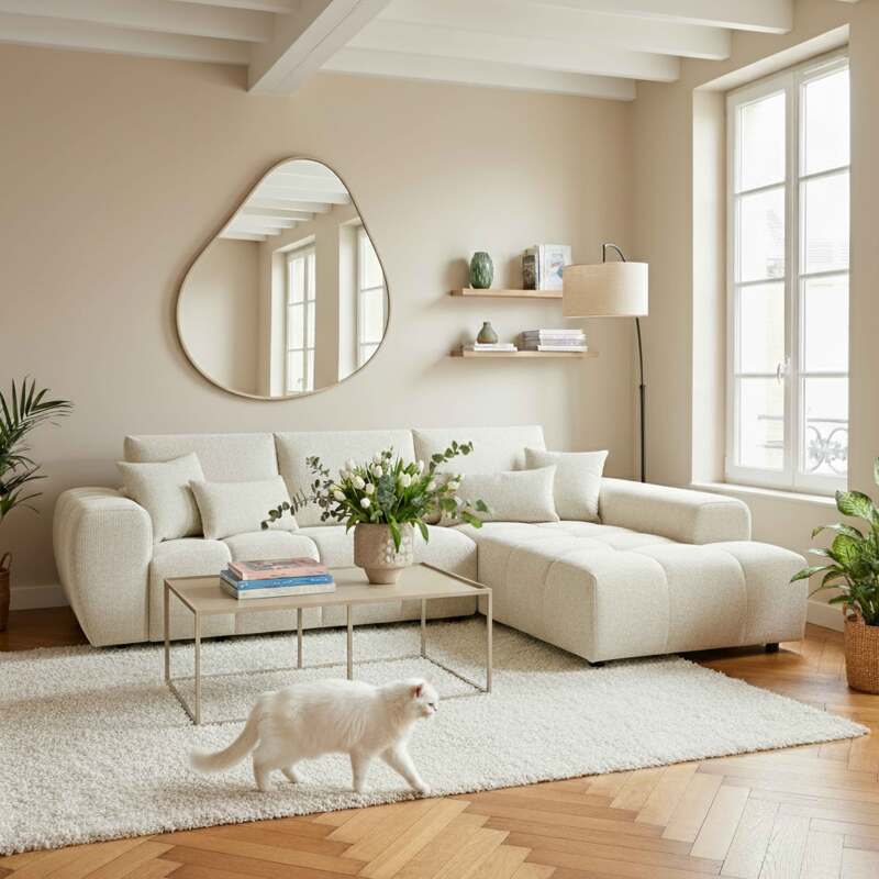 Ecksofa 3-Sitzer aus Stoff mit Chaiselongue rechts und Kissen