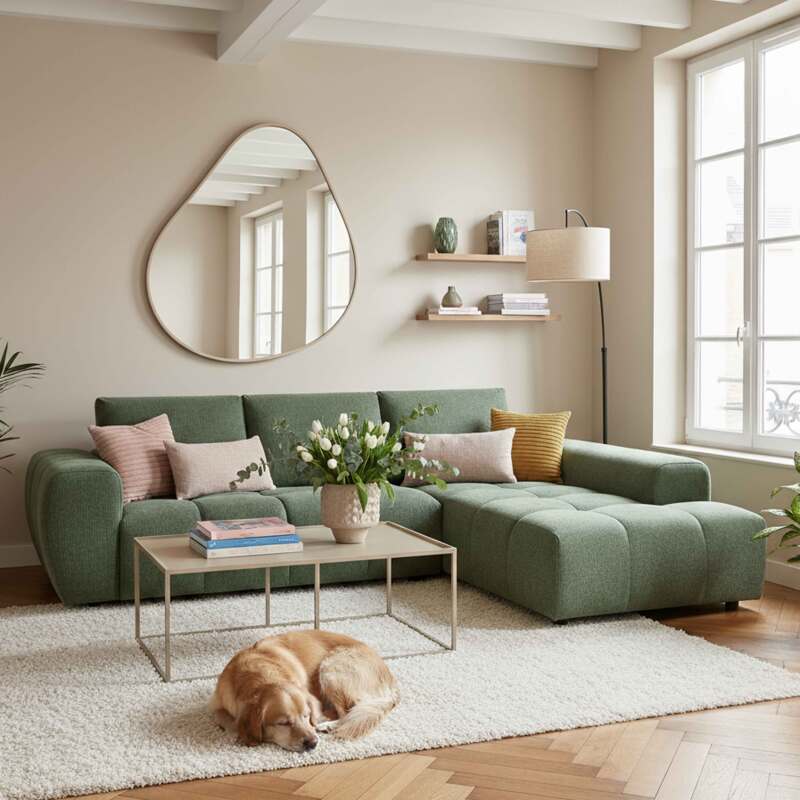 Ecksofa 3-Sitzer aus Stoff mit Chaiselongue rechts und Kissen