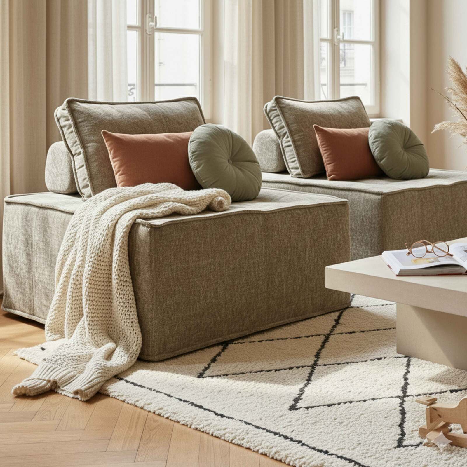 Modulares Sofa 2-Sitzer aus Stoff mit Kissen