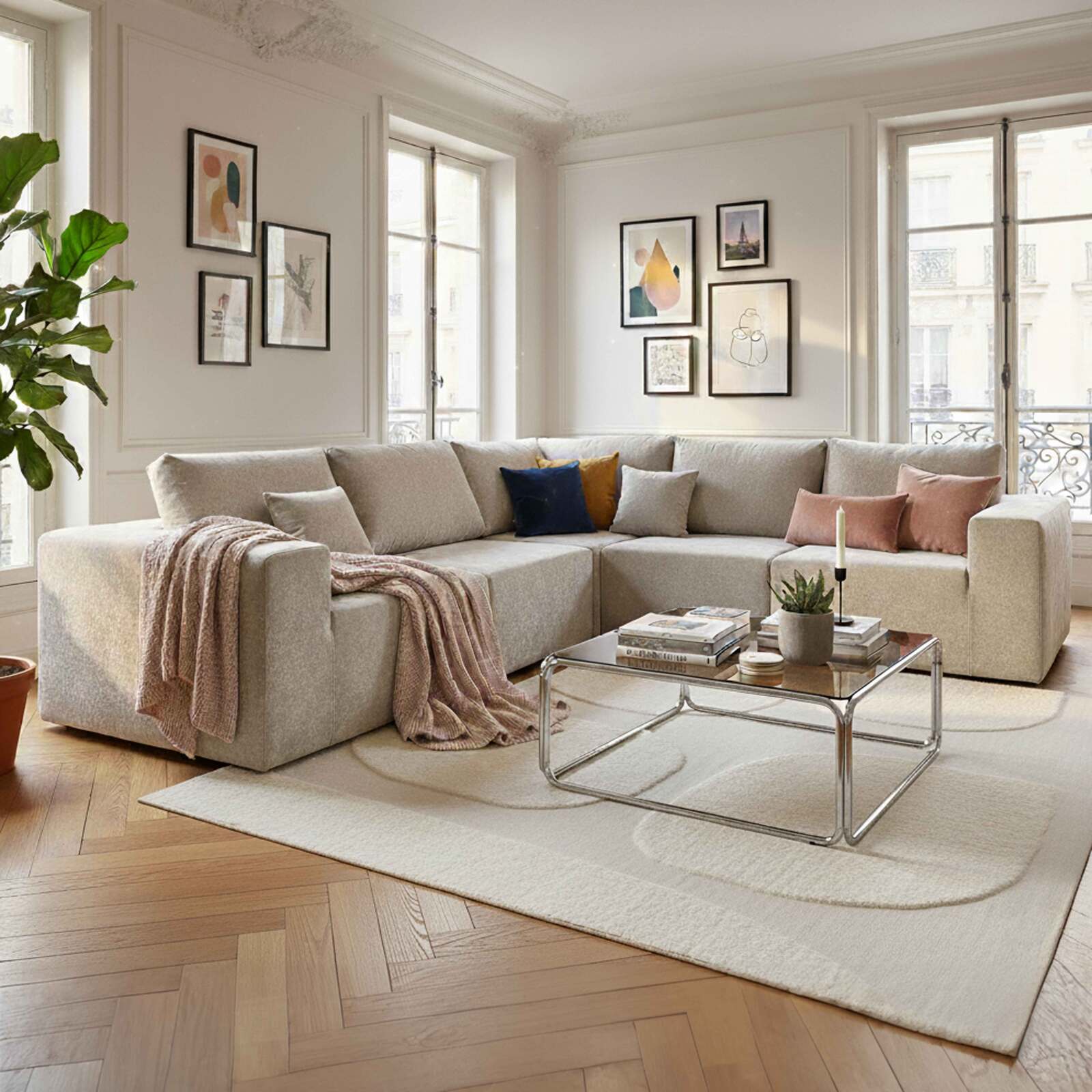 Modulares Ecksofa 5-Sitzer aus Stoff mit Kissen